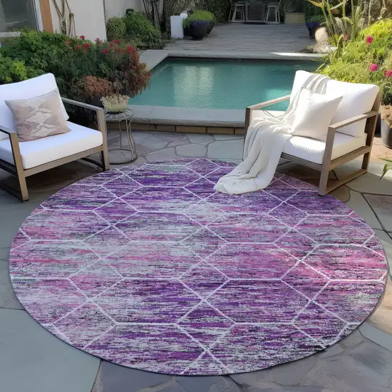8' Purple Lavender And Ivory Round Geometric Washable Indoor Outdoor Area Rug Photo 5