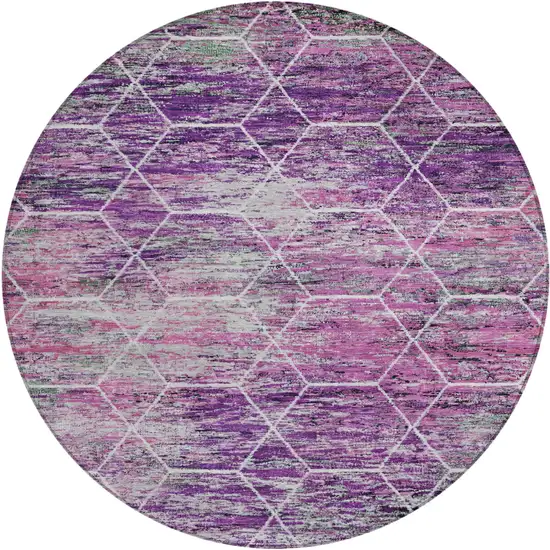 8' Purple Lavender And Ivory Round Geometric Washable Indoor Outdoor Area Rug Photo 1