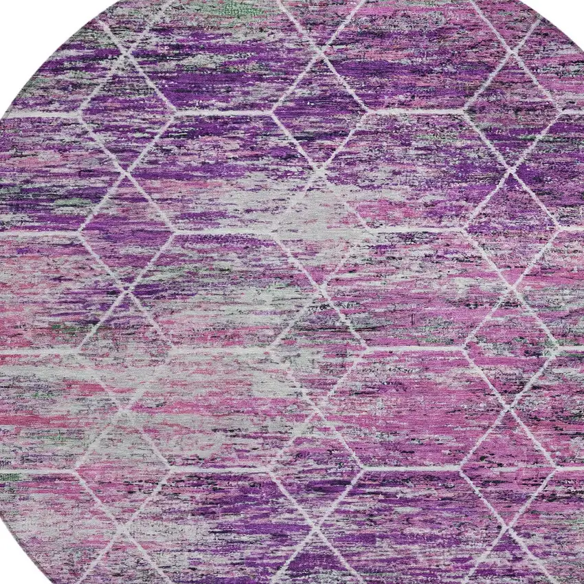 8' Purple Lavender And Ivory Round Geometric Washable Indoor Outdoor Area Rug Photo 8