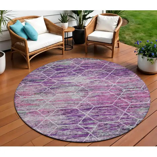8' Purple Lavender And Ivory Round Geometric Washable Indoor Outdoor Area Rug Photo 2