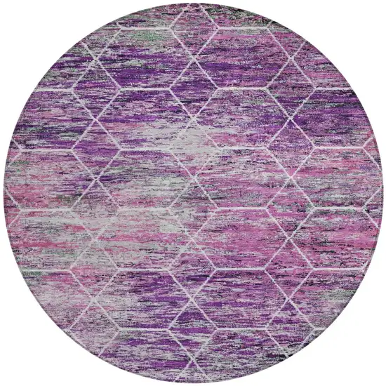8' Purple Lavender And Ivory Round Geometric Washable Indoor Outdoor Area Rug Photo 3