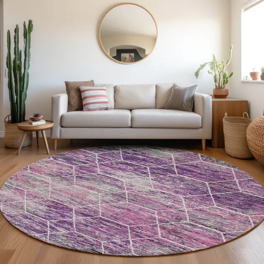 8' Purple Lavender And Ivory Round Geometric Washable Indoor Outdoor Area Rug Photo 6