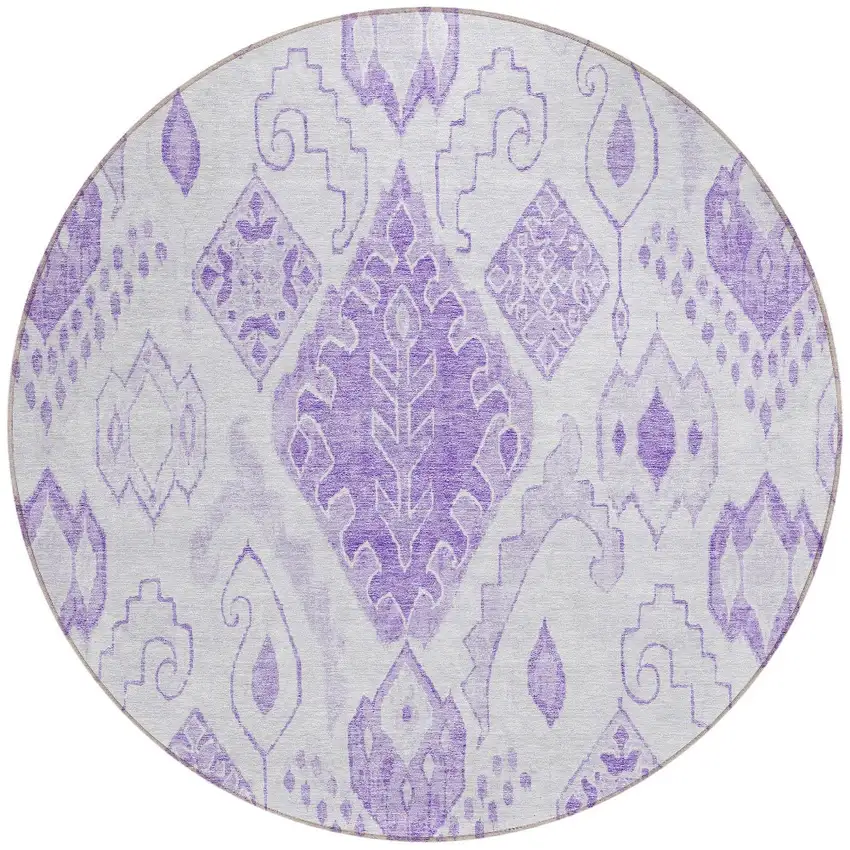 8' Purple Lavender And Ivory Round Moroccan Washable Indoor Outdoor Area Rug Photo 5
