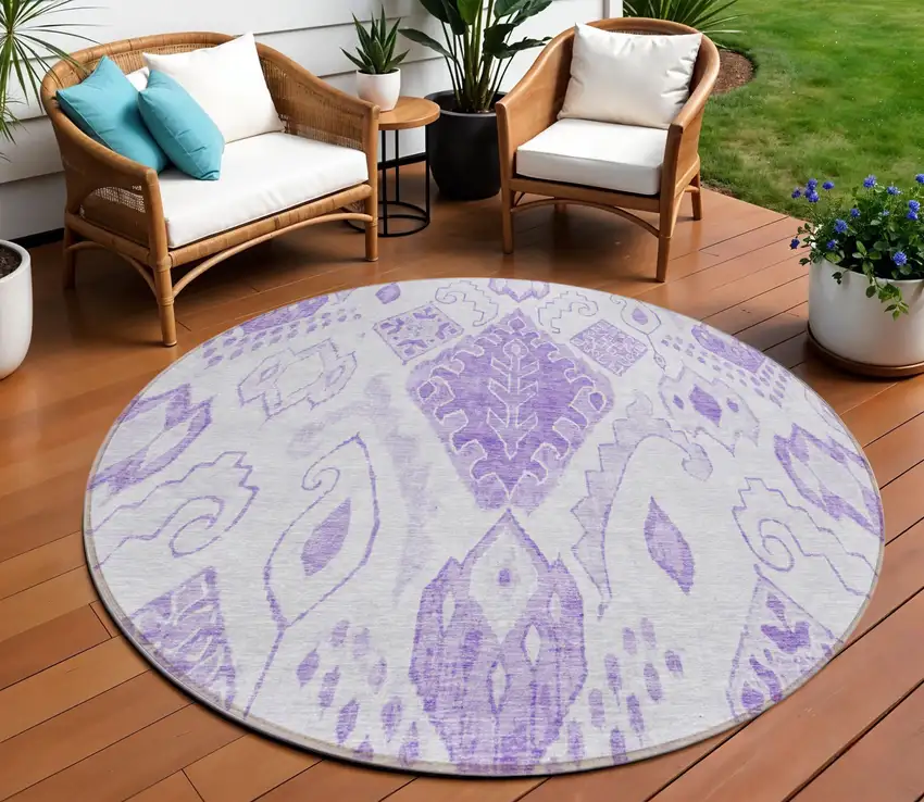 8' Purple Lavender And Ivory Round Moroccan Washable Indoor Outdoor Area Rug Photo 1
