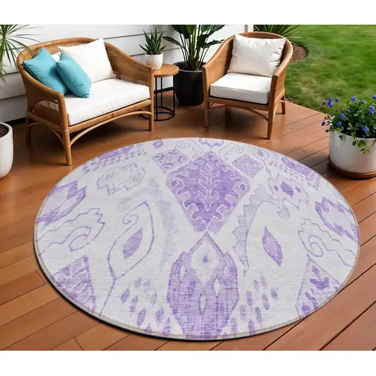 8' Purple Lavender And Ivory Round Moroccan Washable Indoor Outdoor Area Rug Photo 1