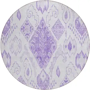 Photo of 8' Purple Lavender And Ivory Round Moroccan Washable Indoor Outdoor Area Rug