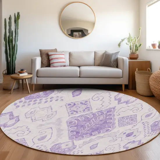 8' Purple Lavender And Ivory Round Moroccan Washable Indoor Outdoor Area Rug Photo 7
