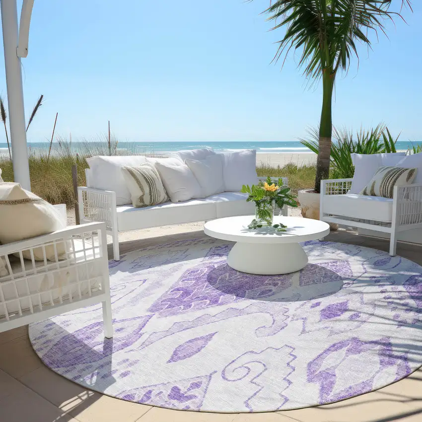 8' Purple Lavender And Ivory Round Moroccan Washable Indoor Outdoor Area Rug Photo 6
