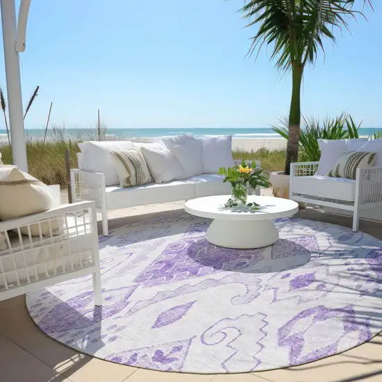 8' Purple Lavender And Ivory Round Moroccan Washable Indoor Outdoor Area Rug Photo 6