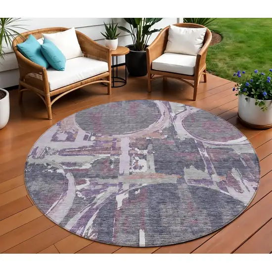 8' Purple Lavender And Plum Round Geometric Washable Indoor Outdoor Area Rug Photo 1