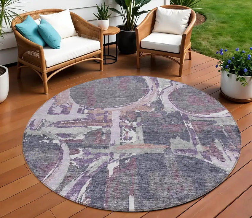 8' Purple Lavender And Plum Round Geometric Washable Indoor Outdoor Area Rug Photo 1