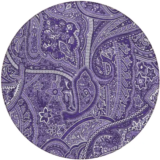 8' Purple Lavender And Silver Round Paisley Washable Indoor Outdoor Area Rug Photo 2