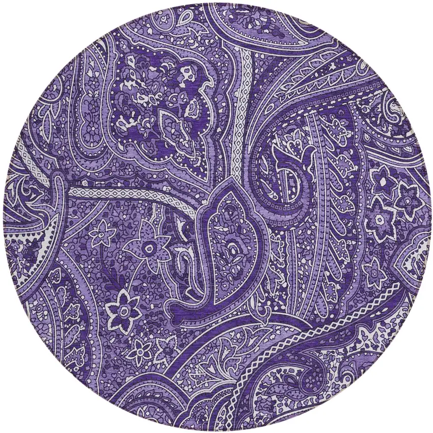 8' Purple Lavender And Silver Round Paisley Washable Indoor Outdoor Area Rug Photo 2