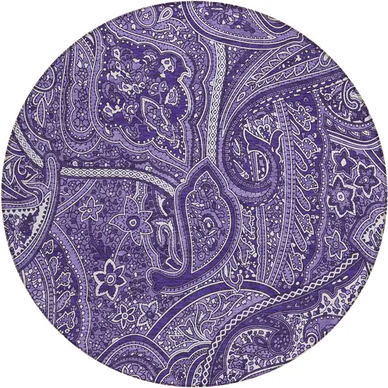 8' Purple Lavender And Silver Round Paisley Washable Indoor Outdoor Area Rug Photo 2