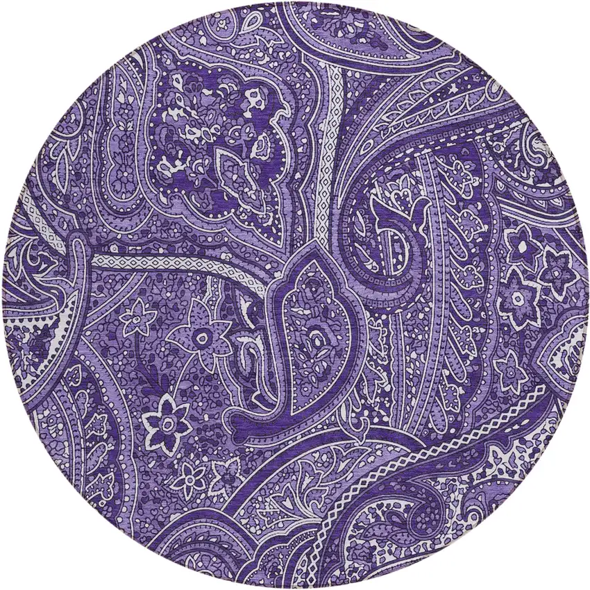 8' Purple Lavender And Silver Round Paisley Washable Indoor Outdoor Area Rug Photo 2