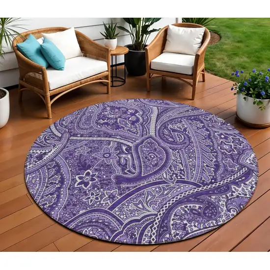 8' Purple Lavender And Silver Round Paisley Washable Indoor Outdoor Area Rug Photo 1