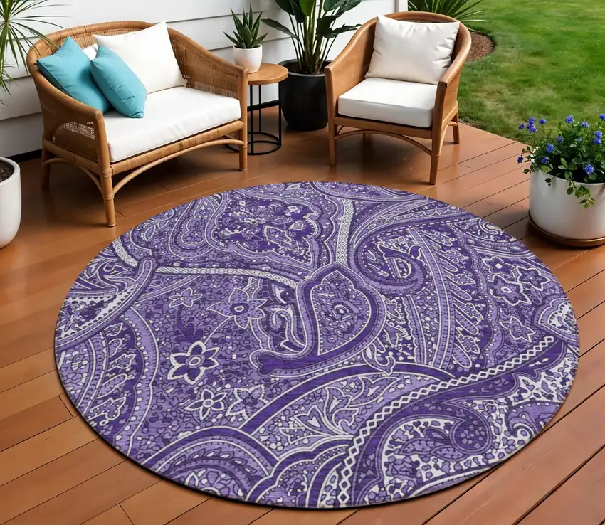 8' Purple Lavender And Silver Round Paisley Washable Indoor Outdoor Area Rug Photo 1