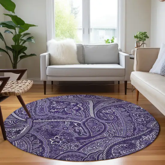 8' Purple Lavender And Silver Round Paisley Washable Indoor Outdoor Area Rug Photo 7