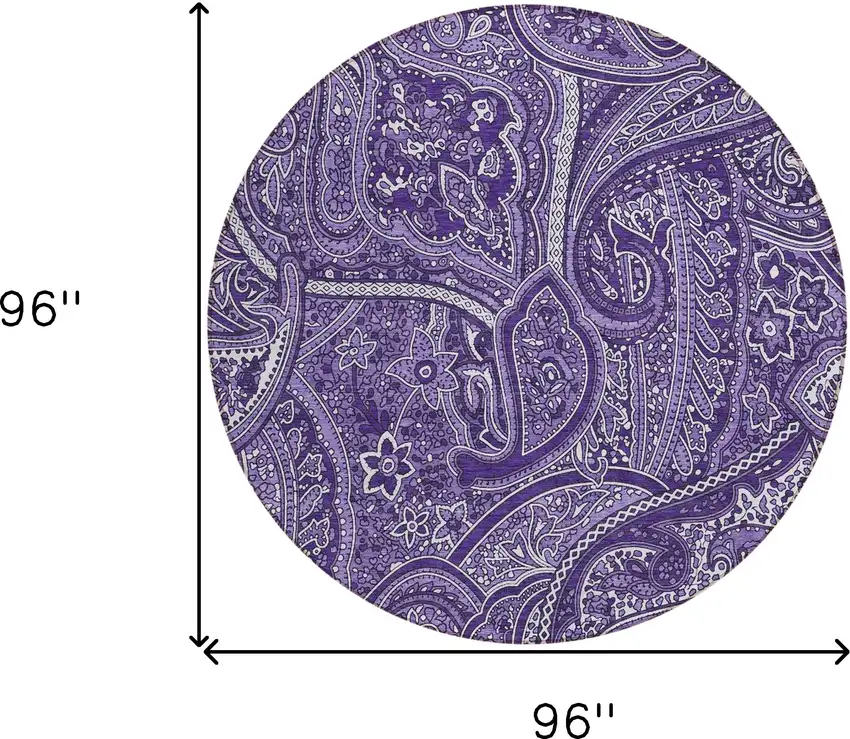 8' Purple Lavender And Silver Round Paisley Washable Indoor Outdoor Area Rug Photo 3