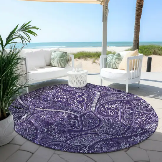 8' Purple Lavender And Silver Round Paisley Washable Indoor Outdoor Area Rug Photo 6