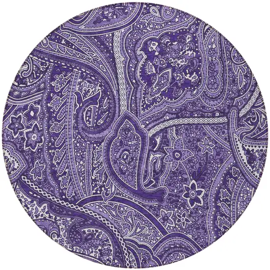 8' Purple Lavender And Silver Round Paisley Washable Indoor Outdoor Area Rug Photo 5