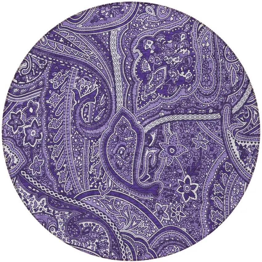 8' Purple Lavender And Silver Round Paisley Washable Indoor Outdoor Area Rug Photo 5