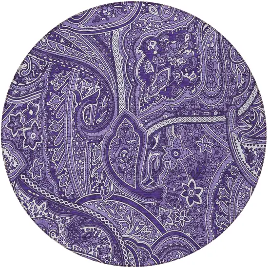 8' Purple Lavender And Silver Round Paisley Washable Indoor Outdoor Area Rug Photo 5