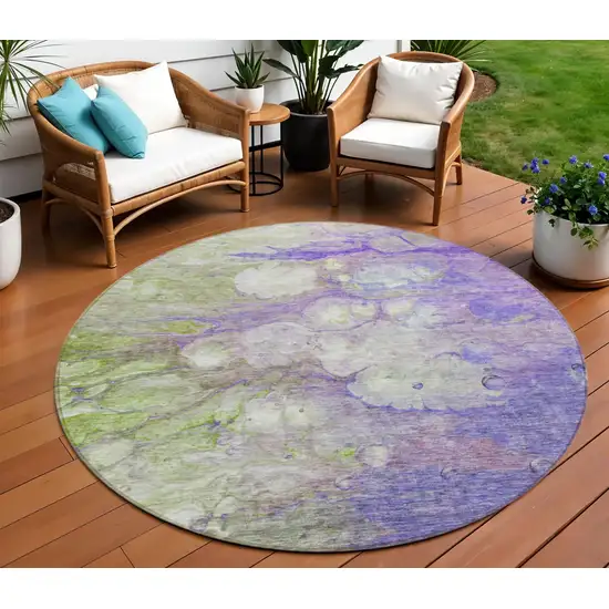 8' Purple Lilac And Artichoke Green Round Abstract Washable Indoor Outdoor Area Rug Photo 1