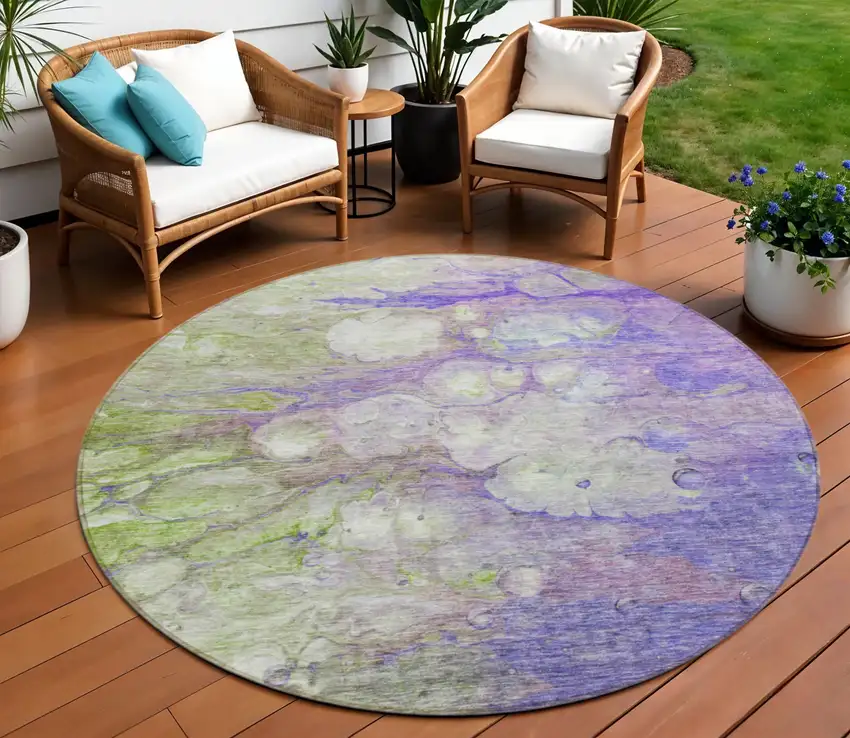 8' Purple Lilac And Artichoke Green Round Abstract Washable Indoor Outdoor Area Rug Photo 1