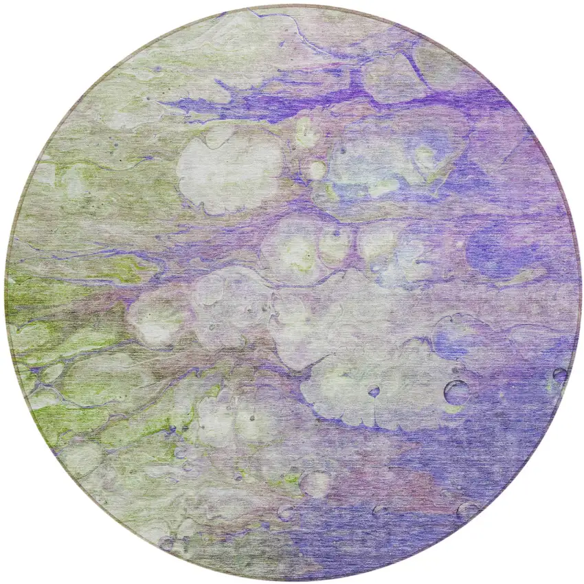 8' Purple Lilac And Artichoke Green Round Abstract Washable Indoor Outdoor Area Rug Photo 1