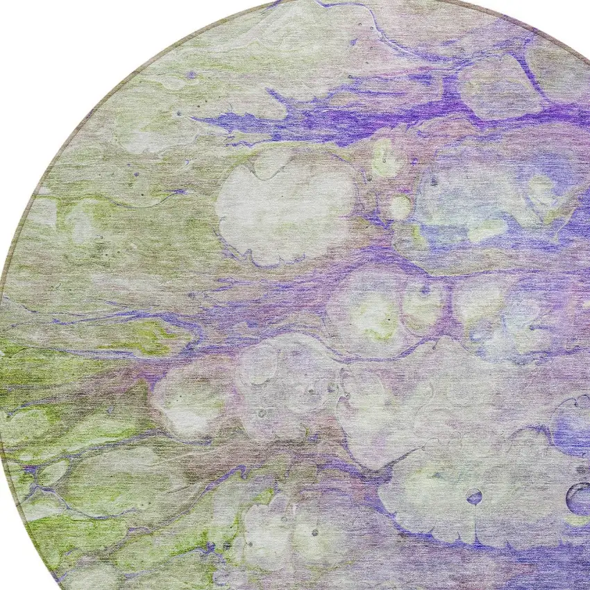 8' Purple Lilac And Artichoke Green Round Abstract Washable Indoor Outdoor Area Rug Photo 5