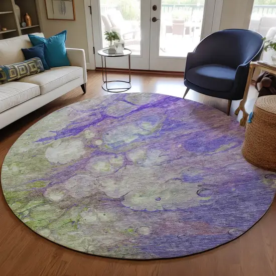 8' Purple Lilac And Artichoke Green Round Abstract Washable Indoor Outdoor Area Rug Photo 8