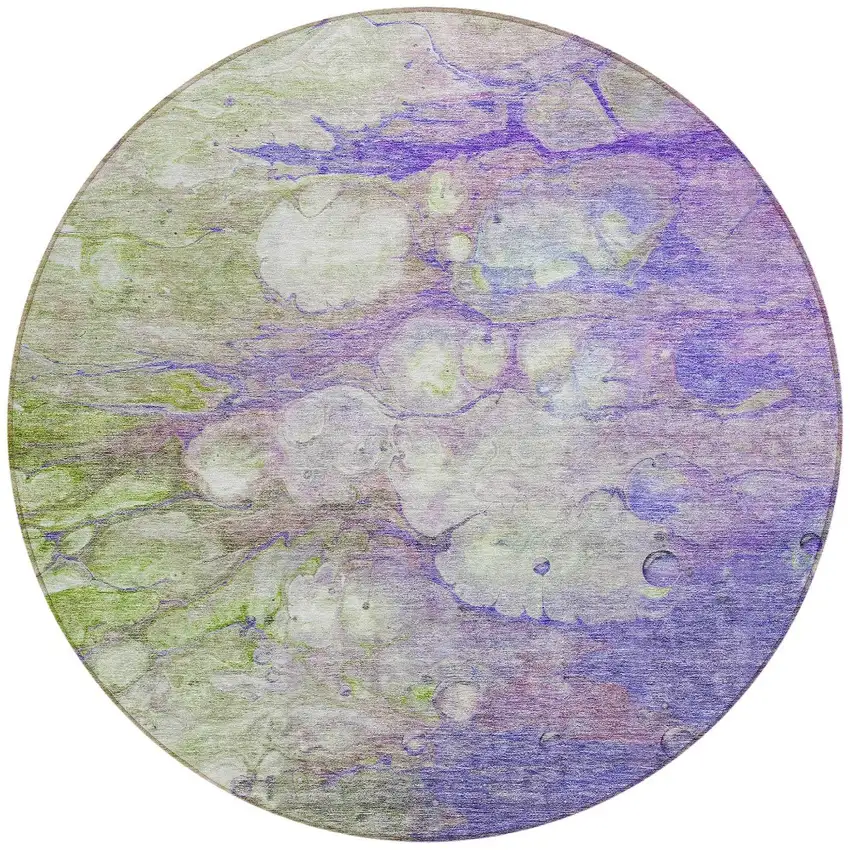 8' Purple Lilac And Artichoke Green Round Abstract Washable Indoor Outdoor Area Rug Photo 6