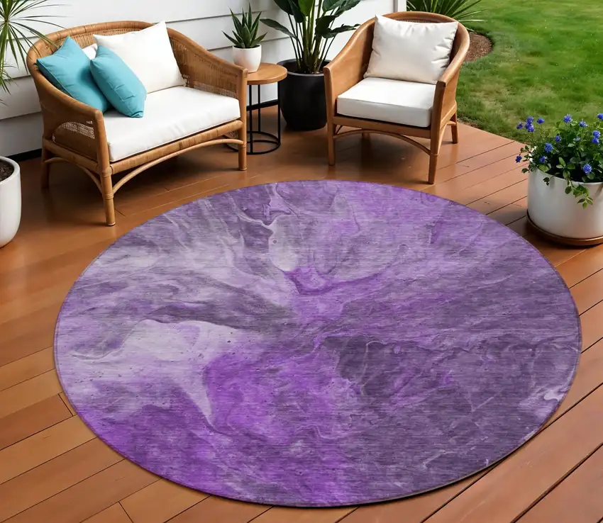 8' Purple Lilac And Eggplant Round Abstract Washable Indoor Outdoor Area Rug Photo 1