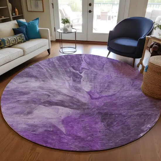 8' Purple Lilac And Eggplant Round Abstract Washable Indoor Outdoor Area Rug Photo 7