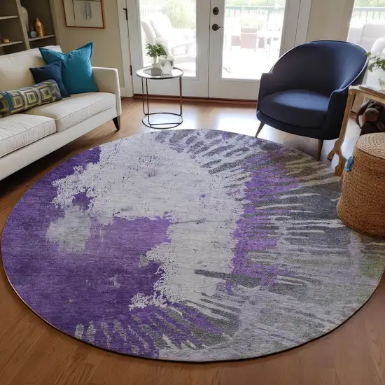 8' Purple Lilac And Eggplant Round Abstract Washable Indoor Outdoor Area Rug Photo 7