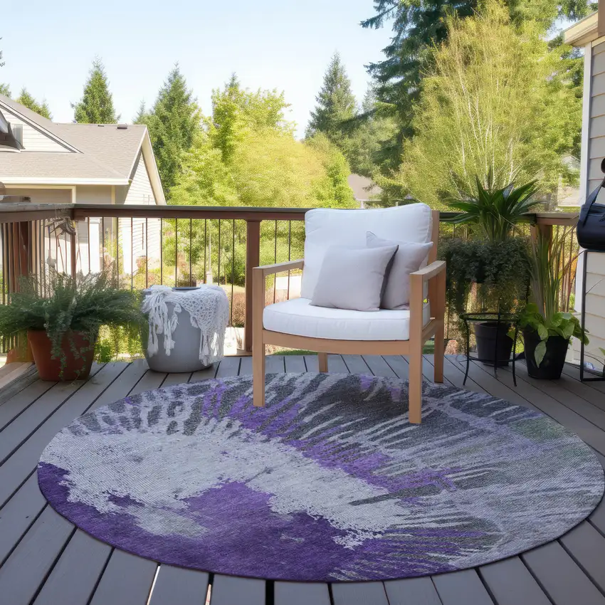 8' Purple Lilac And Eggplant Round Abstract Washable Indoor Outdoor Area Rug Photo 6