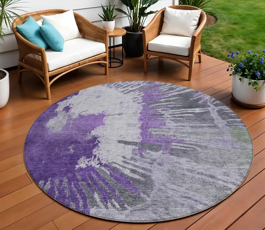 8' Purple Lilac And Eggplant Round Abstract Washable Indoor Outdoor Area Rug Photo 1