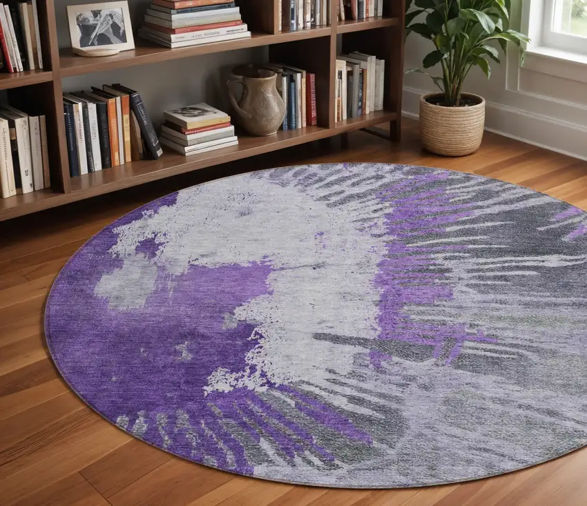 8' Purple Lilac And Eggplant Round Abstract Washable Indoor Outdoor Area Rug Photo 8