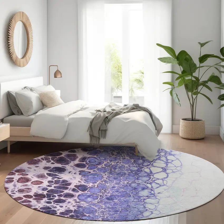 8' Purple Lilac And Eggplant Round Abstract Washable Indoor Outdoor Area Rug Photo 8