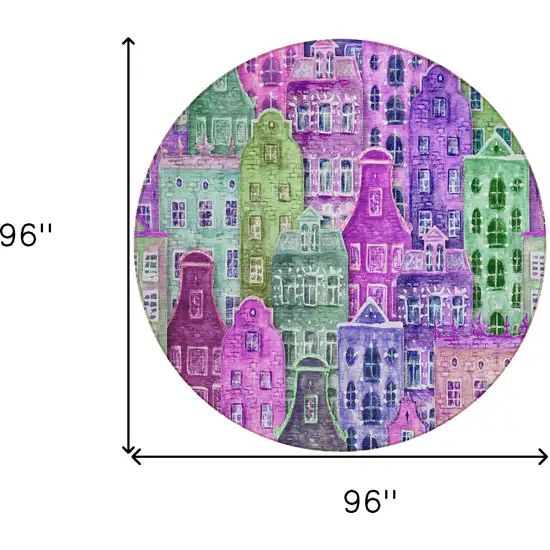 8' Purple Lilac And Green Round Village Houses Washable Indoor Outdoor Area Rug Photo 7