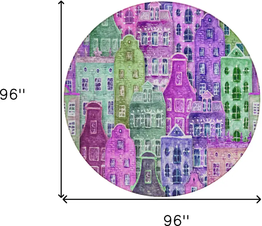 8' Purple Lilac And Green Round Village Houses Washable Indoor Outdoor Area Rug Photo 7