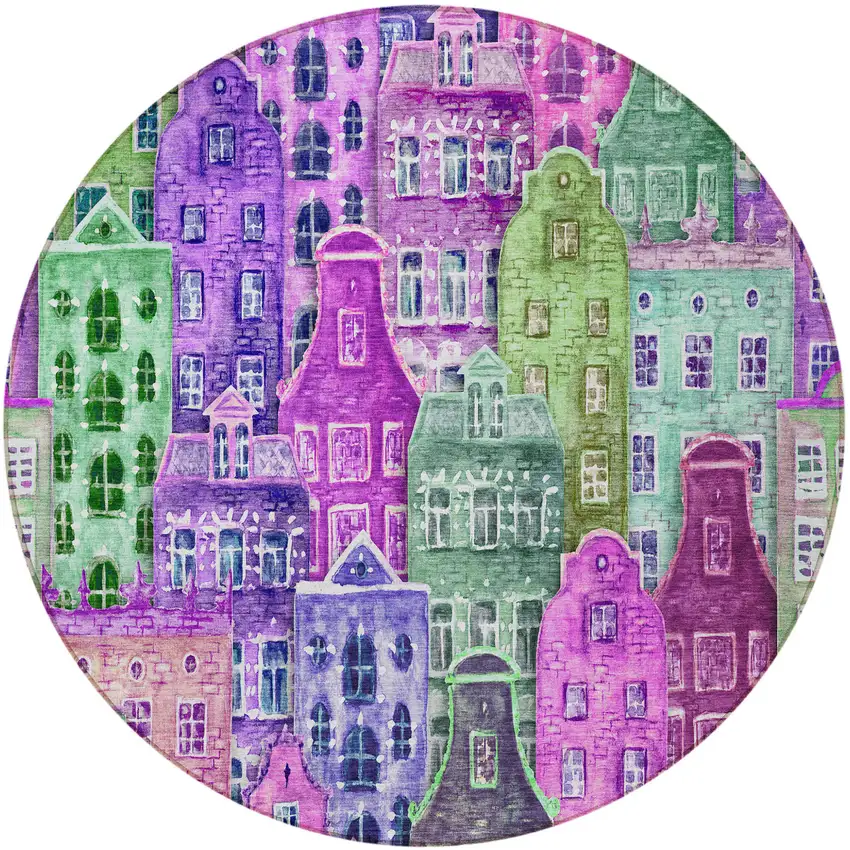 8' Purple Lilac And Green Round Village Houses Washable Indoor Outdoor Area Rug Photo 4