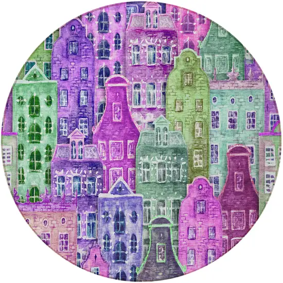 8' Purple Lilac And Green Round Village Houses Washable Indoor Outdoor Area Rug Photo 4
