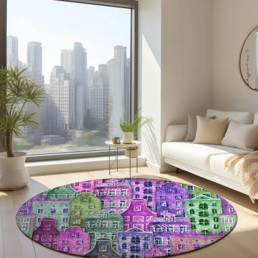 8' Purple Lilac And Green Round Village Houses Washable Indoor Outdoor Area Rug Photo 6