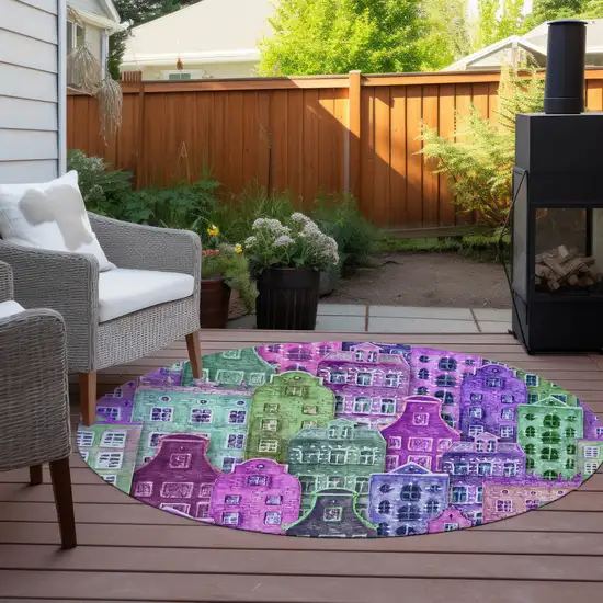 8' Purple Lilac And Green Round Village Houses Washable Indoor Outdoor Area Rug Photo 5