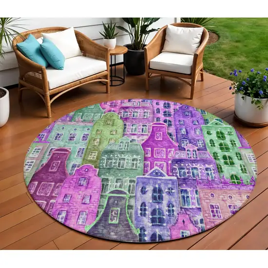 8' Purple Lilac And Green Round Village Houses Washable Indoor Outdoor Area Rug Photo 1