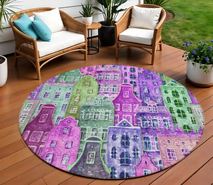 8' Purple Lilac And Green Round Village Houses Washable Indoor Outdoor Area Rug Photo 1