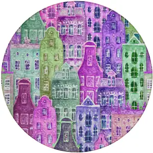 Photo of 8' Purple Lilac And Green Round Village Houses Washable Indoor Outdoor Area Rug