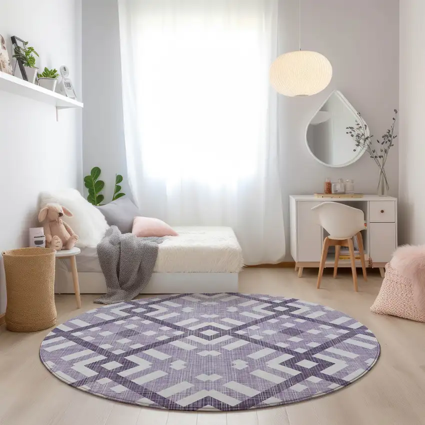 8' Purple Lilac And Ivory Round Geometric Washable Indoor Outdoor Area Rug Photo 6